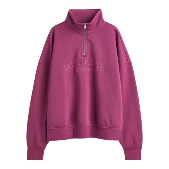 H&M Oversized Long Beach Spellout Half Zip Stand Up Collar Dropped Shoulder NWT - Picture 1 of 16